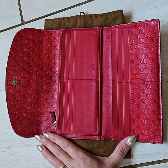 Gucci Trifold Wallet Red Leather Microguccisima GG Logo - Picture 7 of 12